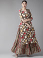 Women's  Coffee Brown & Off-White Printed Angrakha Kurta with Skirt & Attached Pallu
