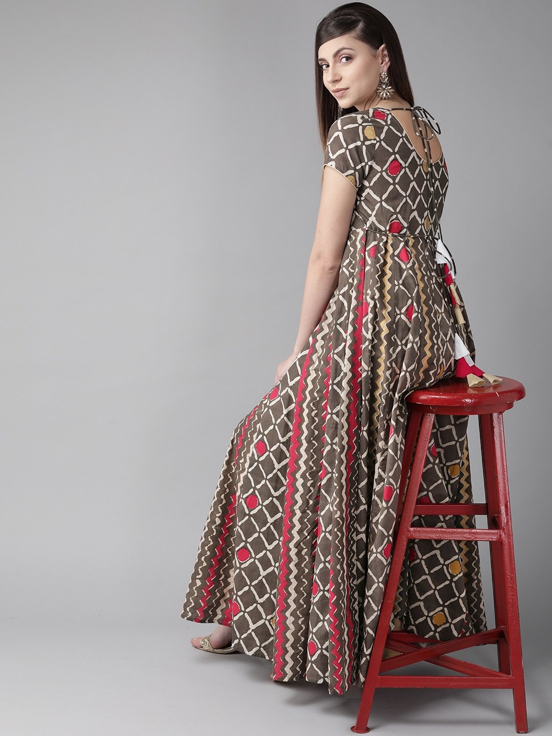 Women's  Coffee Brown & Red Printed Anarkali Kurta