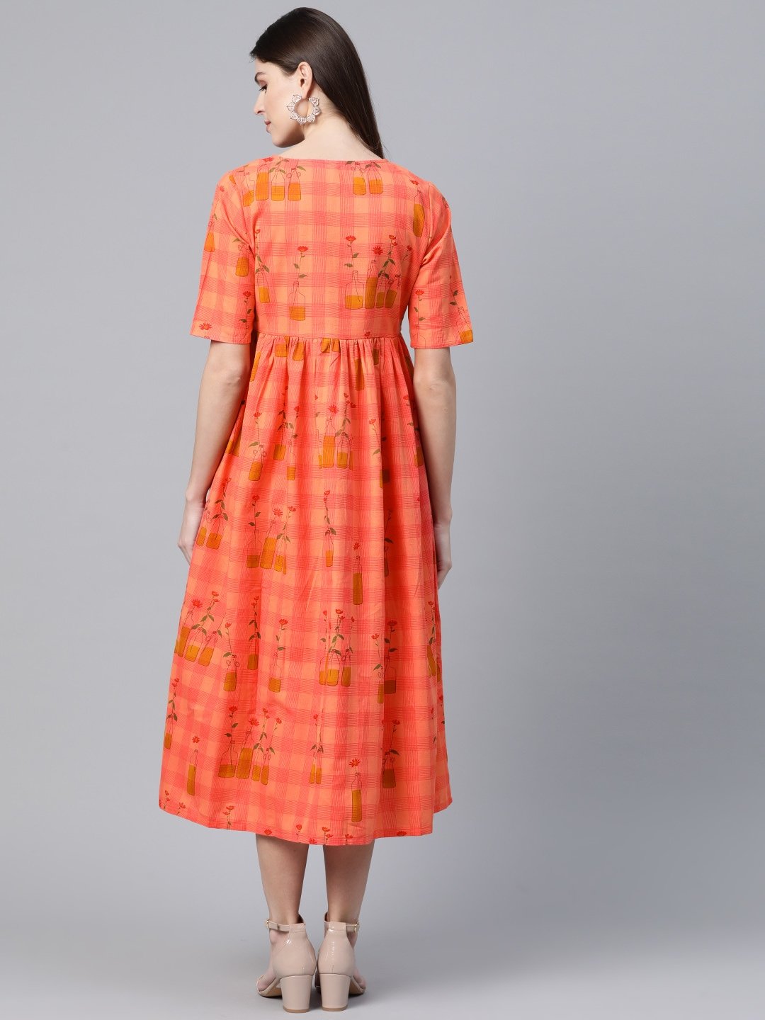 Women's  Peach-Coloured Checked with Conversational Printed A-Line Dress