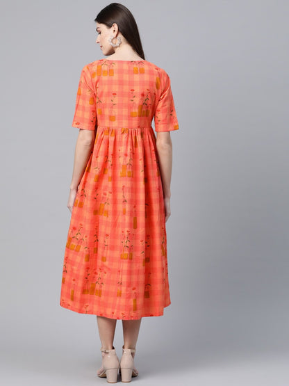 Women's  Peach-Coloured Checked with Conversational Printed A-Line Dress