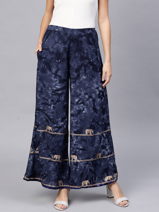 Women's  Navy Blue & Golden Printed Hem Design Wide Leg Palazzos