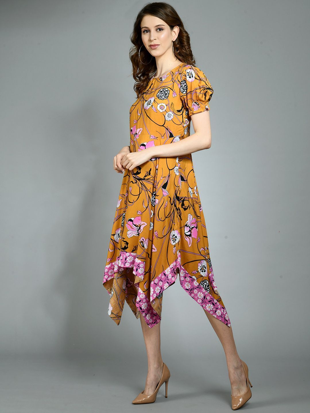 Women's Multi Rayon Printed Short Sleeve Round Neck Casual Dress