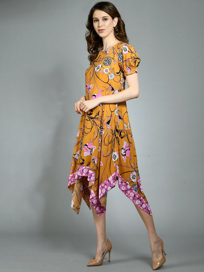Women's Multi Rayon Printed Short Sleeve Round Neck Casual Dress