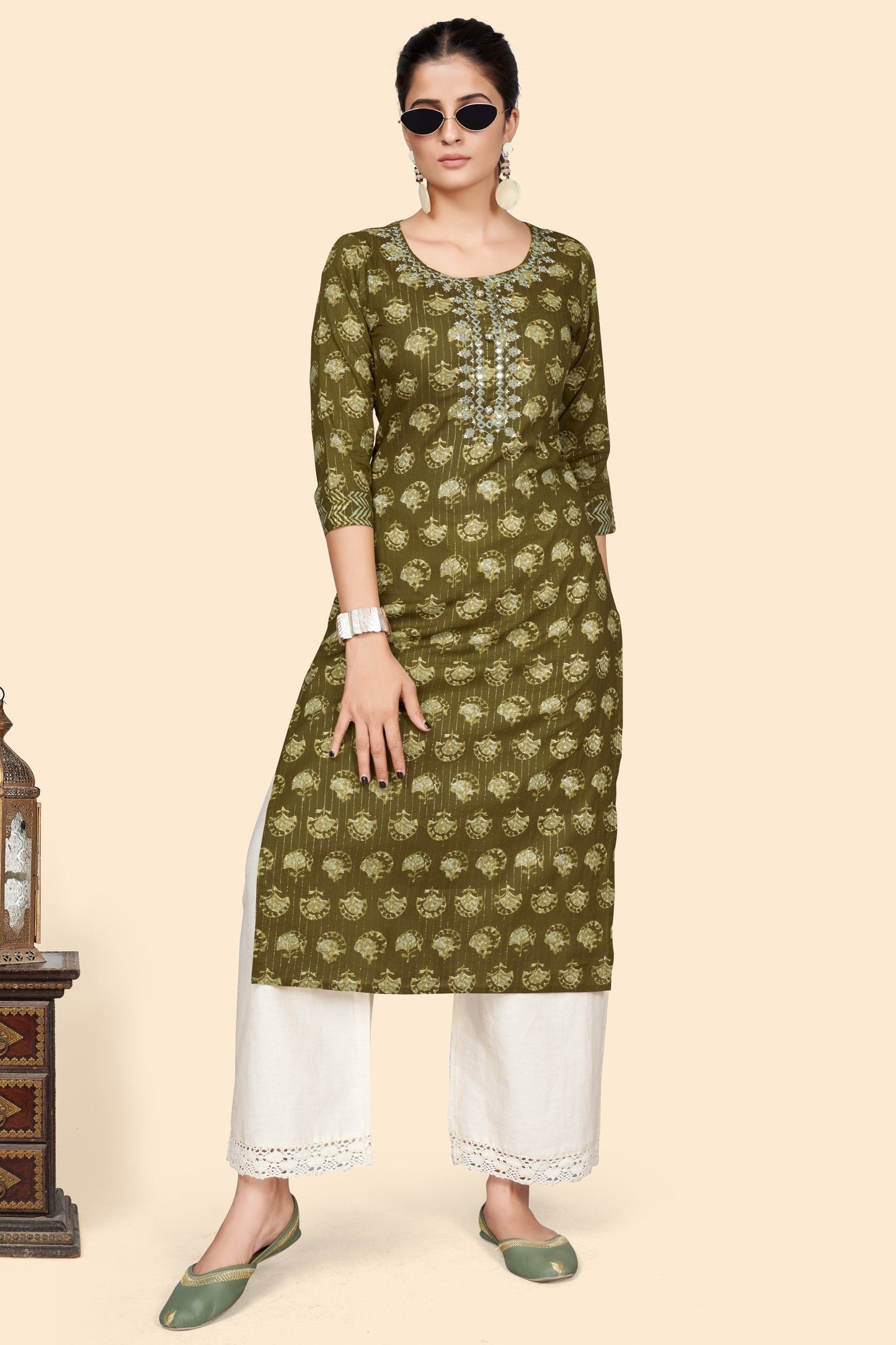 Women's Print & Embroidered Straight Cotton Mahendi Green Stitched Kurta