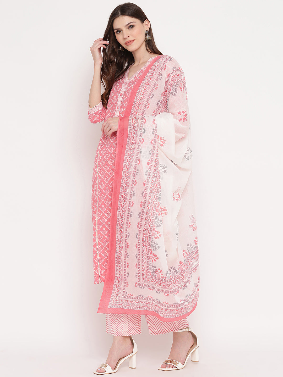 Women's Light Pink Cotton Kurta With Palazzo & Dupatta By Vbuyz (3