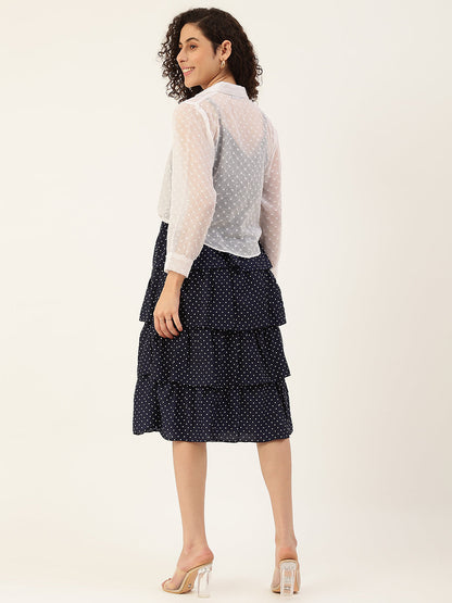 Women's Navy Blue Color Chiffon Self Design A-Line Layered Dress