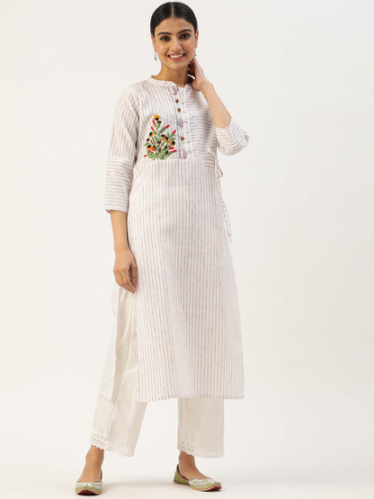 Women's Embroidered Viscose Rayon Straight Kurta (White)