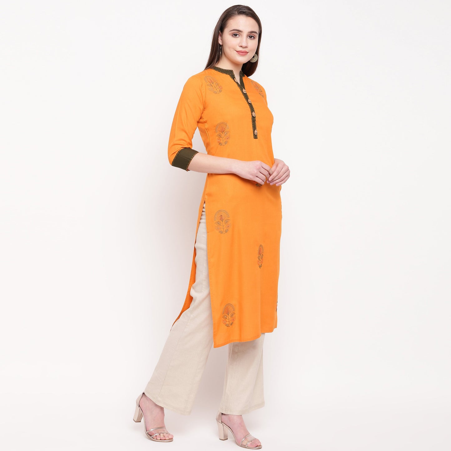 Women's Embroidered Straight Rayon Mustard Kurta (1Pc)
