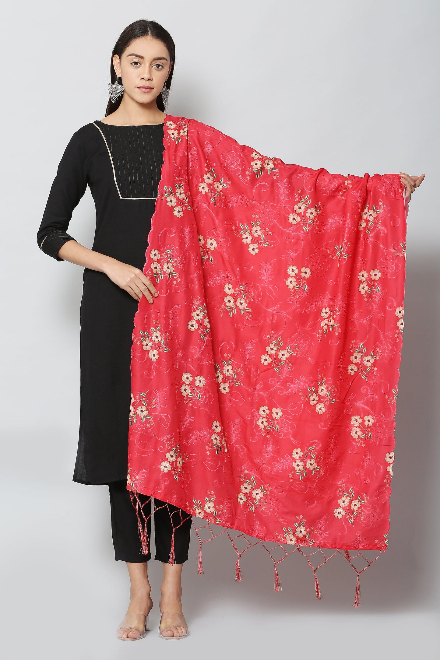 Women's Red Color Art Muslin Embroidery and Digital Printed Dupatta