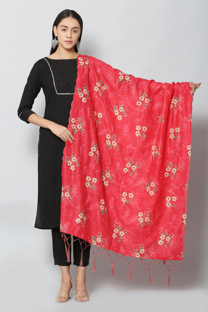 Women's Red Color Art Muslin Embroidery and Digital Printed Dupatta