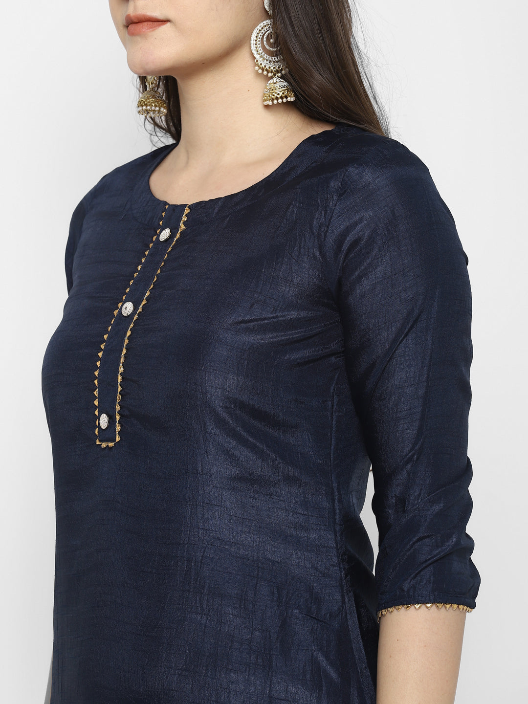 Women's Navy Blue Color Silk Blend Straight Kurta Palazzo With Dupatta