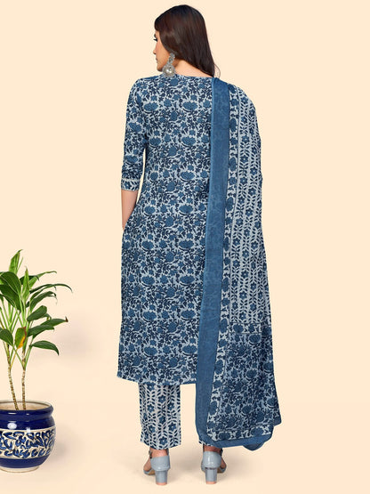Women's Print & Embroidered Straight Cotton Blue Stitched Kurta Pant With Dupatta