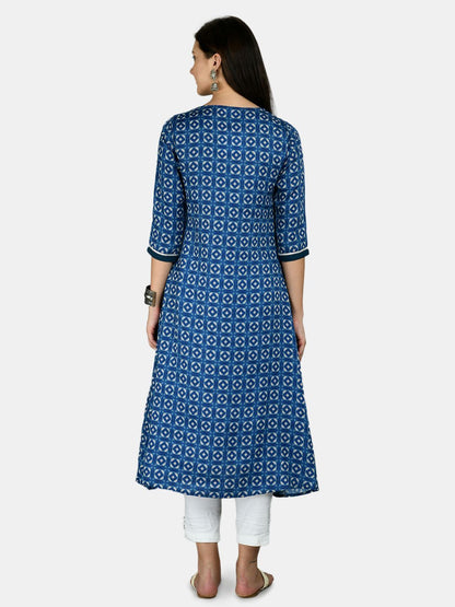 Women's Blue Cotton Printed 3/4 Sleeve Round Neck Casual kurta