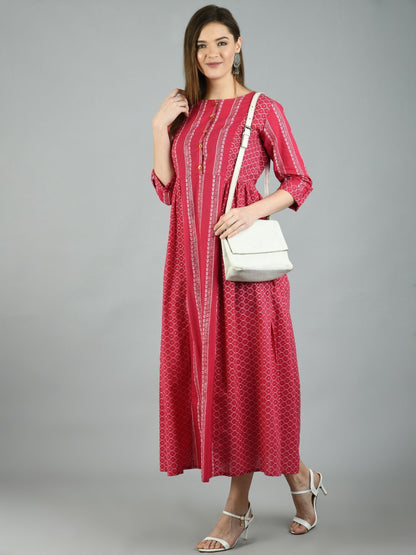 Women's Pink Cotton Printed 3/4 Sleeve Round Neck Casual Dress