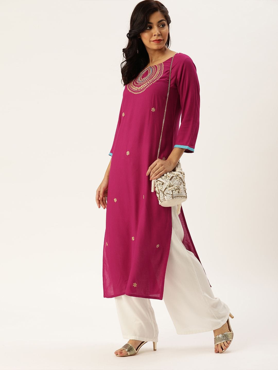 Women's Magenta Pink Yoke Design Straight Kurta
