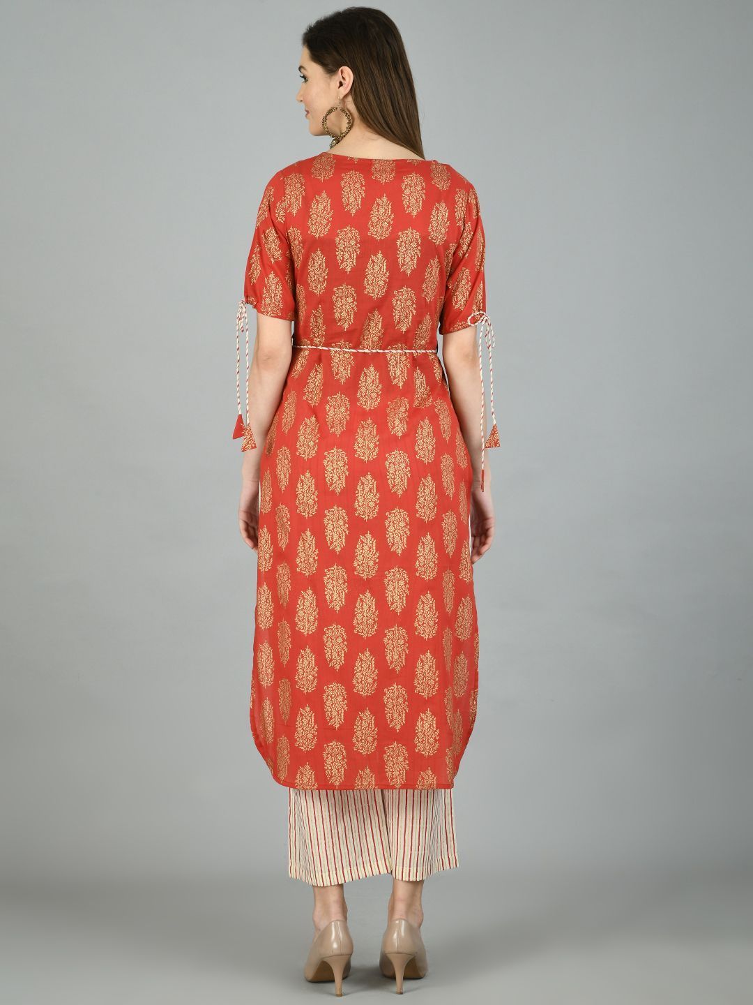 Women's Brown Cotton Printed Half Sleeve Round Neck Casual Kurta Pant Set