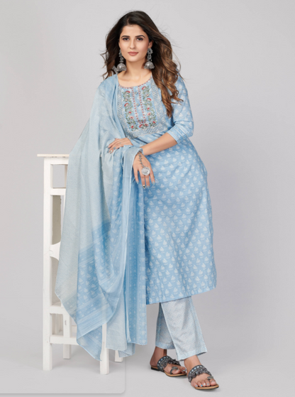 Women's Printed & Embroidered Straight Cotton Sky Blue Stitched Kurta Pant With Dupatta (3Pcs Set)