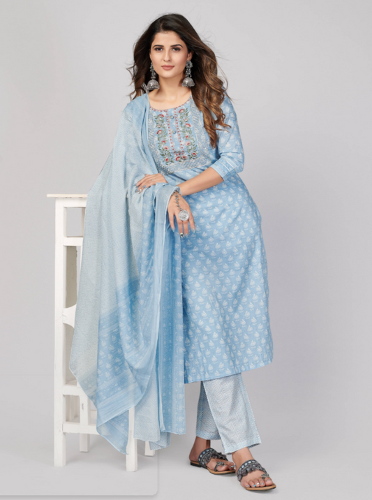 Women's Printed & Embroidered Straight Cotton Sky Blue Stitched Kurta Pant With Dupatta (3Pcs Set)