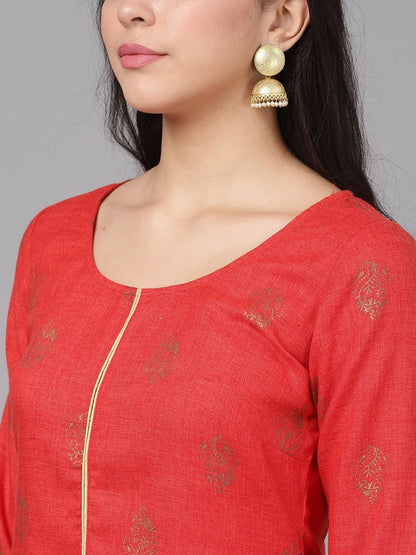 Women's  Red & Gold-Toned Printed Kurta with Palazzos