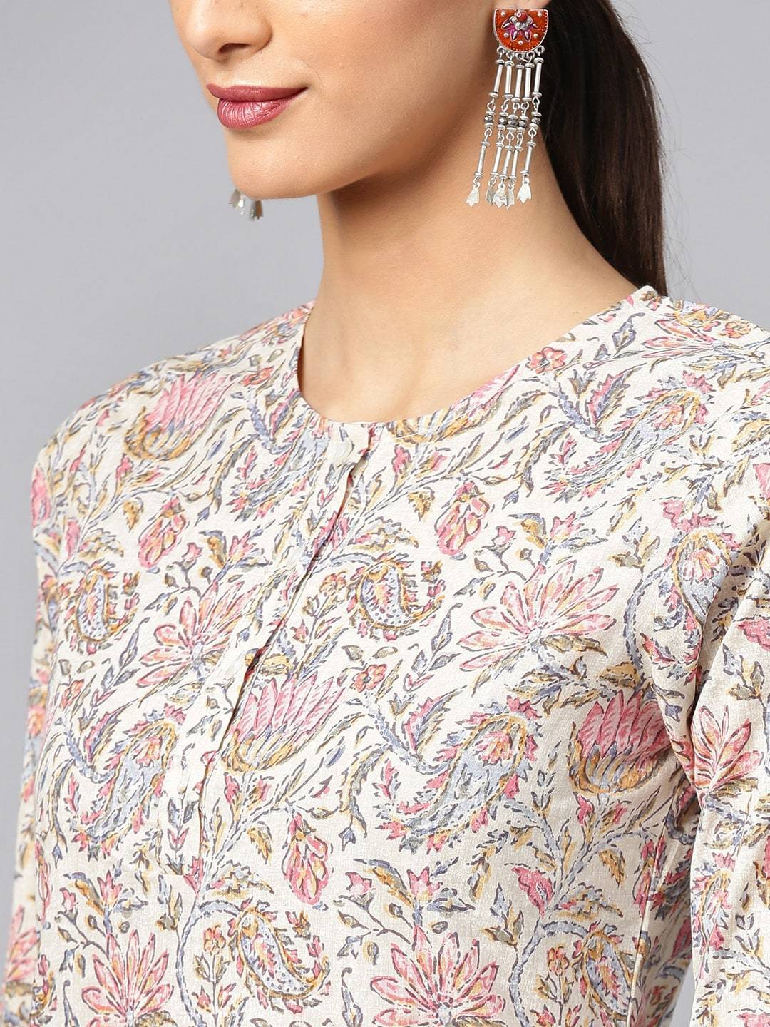 Women's  Cream-Coloured & Pink Printed Kurta with Trousers