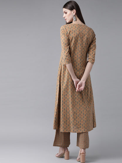 Women's  Brown & Blue Printed Layered Kurta with Palazzos