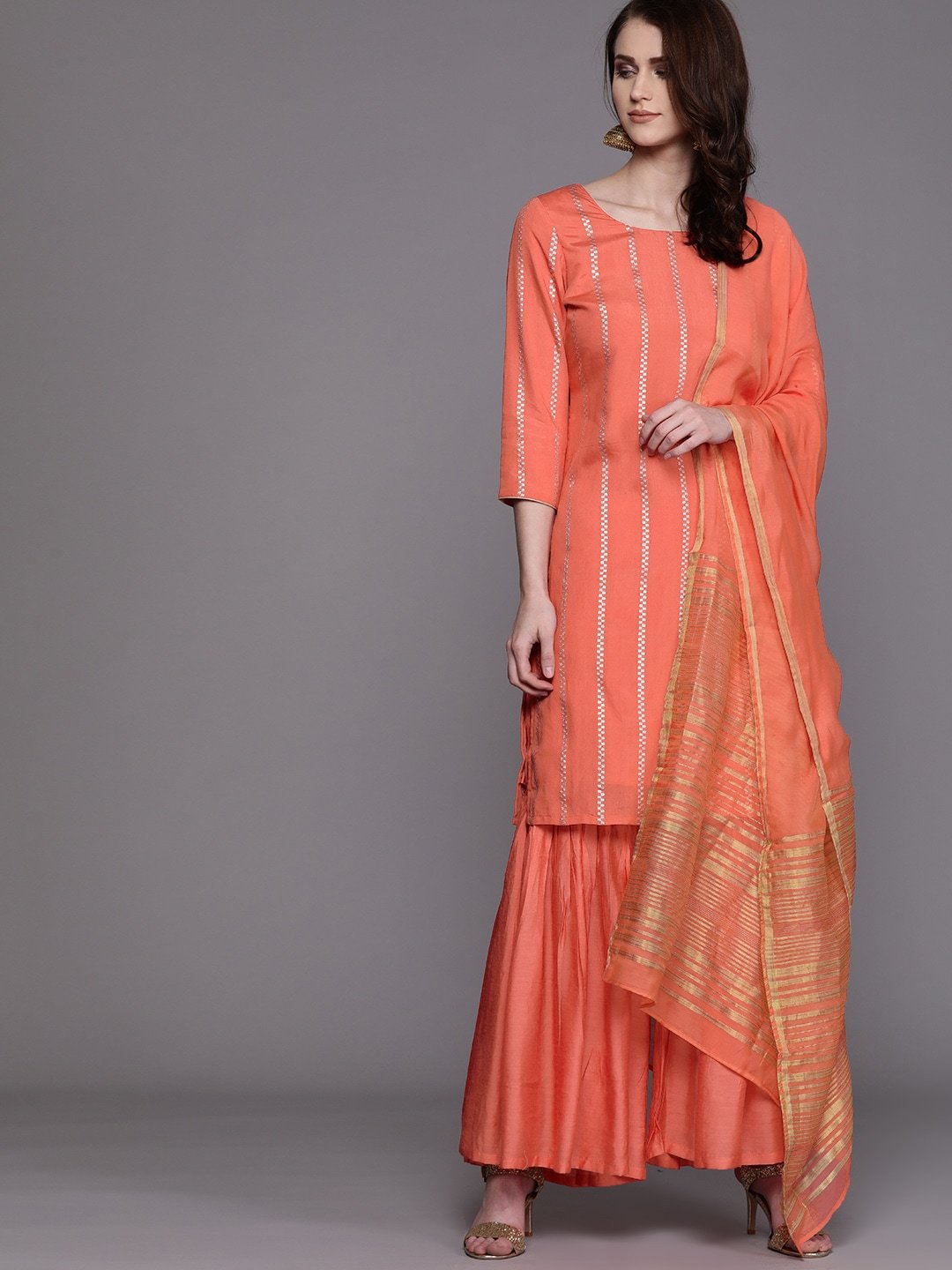 Women's  Coral Orange & Golden Striped Kurta with Sharara & Dupatta