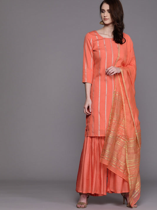 Women's  Coral Orange & Golden Striped Kurta with Sharara & Dupatta