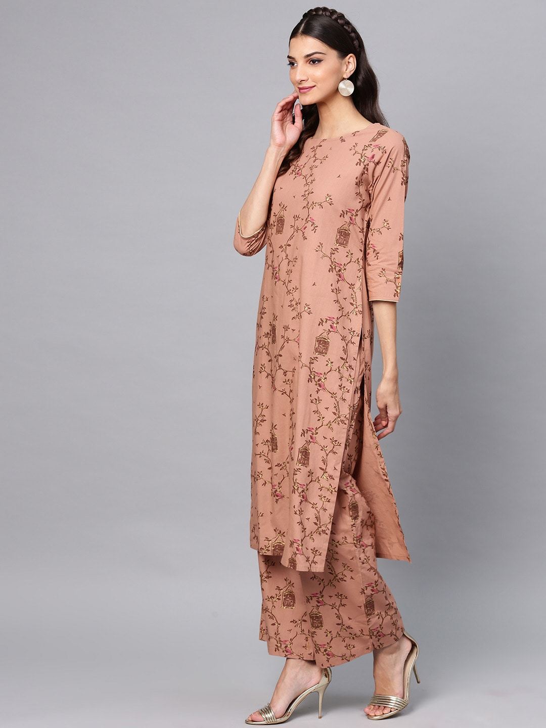Women's  Brown Printed Kurta with Palazzos & Dupatta