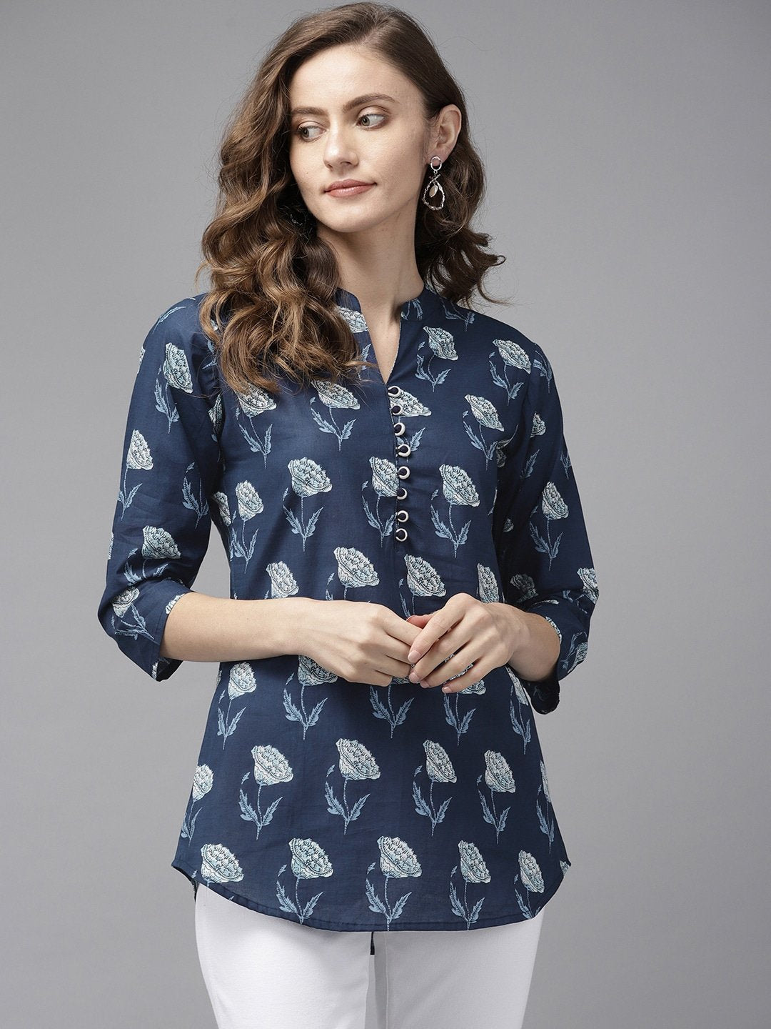 Women's Navy Blue & Offwhite Printed Tunic