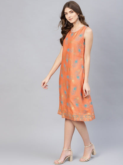 Women's  Orange & Teal Green Printed A-Line Dress