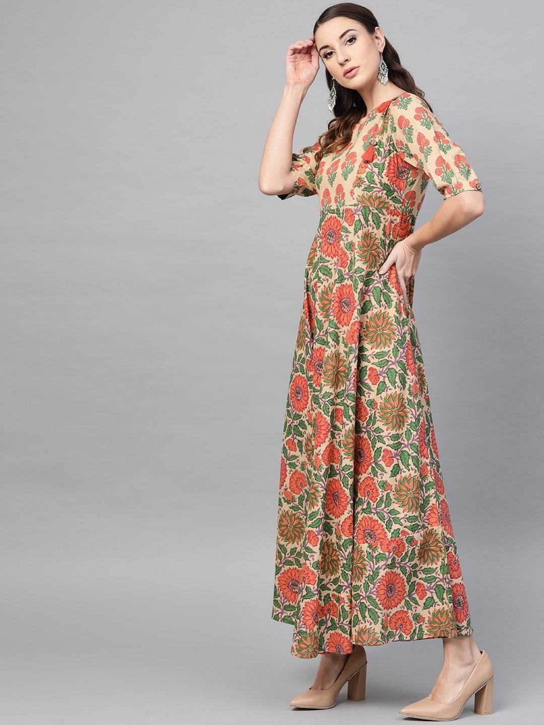 Women's  Beige & Orange Printed Maxi Dress