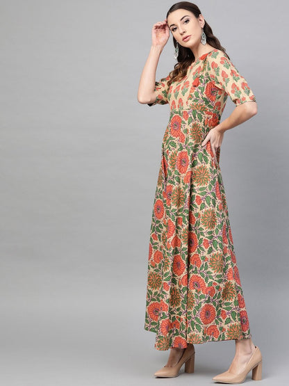 Women's  Beige & Orange Printed Maxi Dress