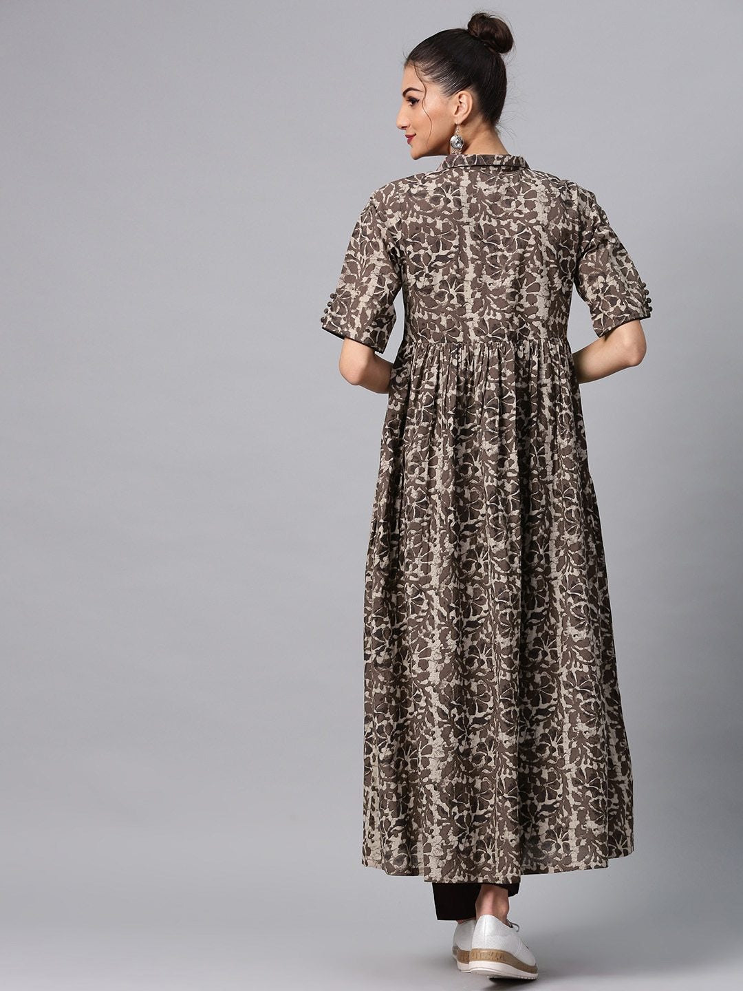 Women's  Brown & Grey Printed A-Line Kurta