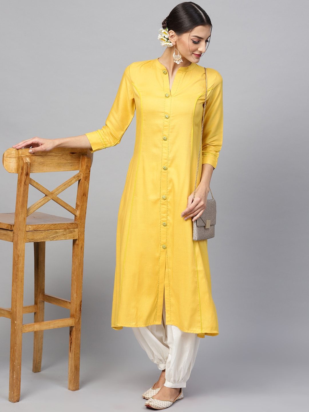 Women's  Mustard Yellow Solid A-Line Kurta