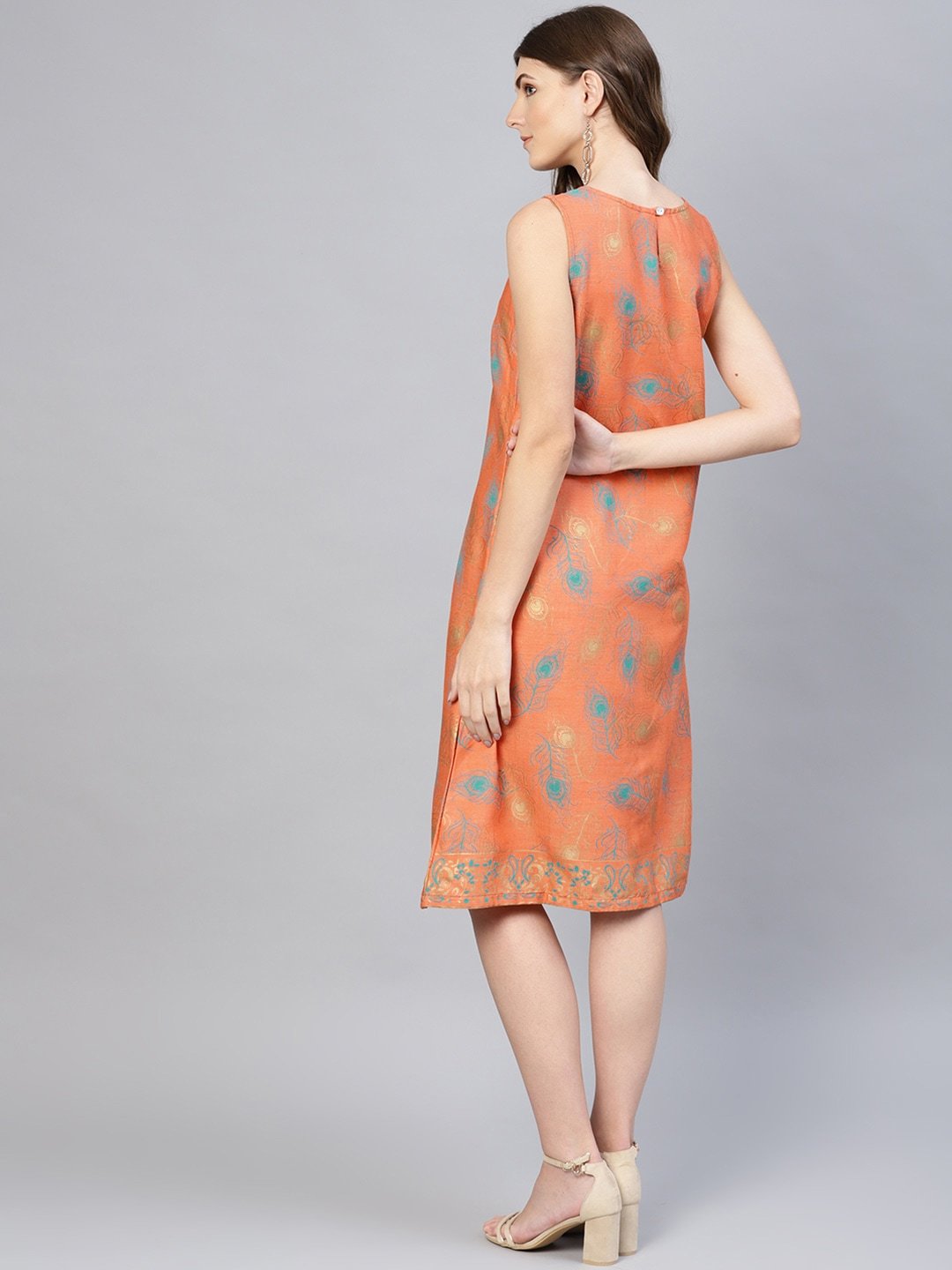 Women's  Orange & Teal Green Printed A-Line Dress