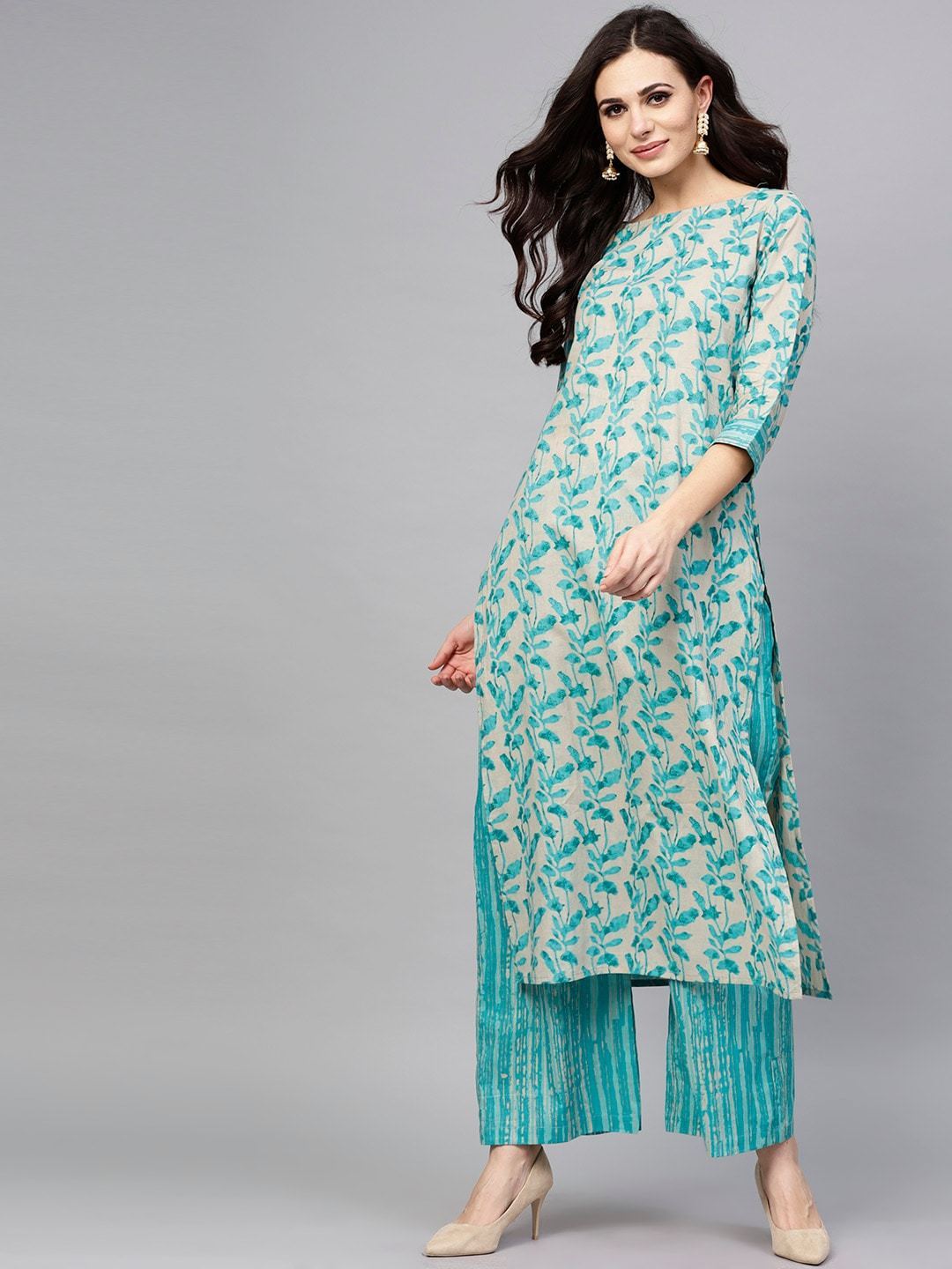 Women's  Blue & Grey Printed Kurta with Palazzos