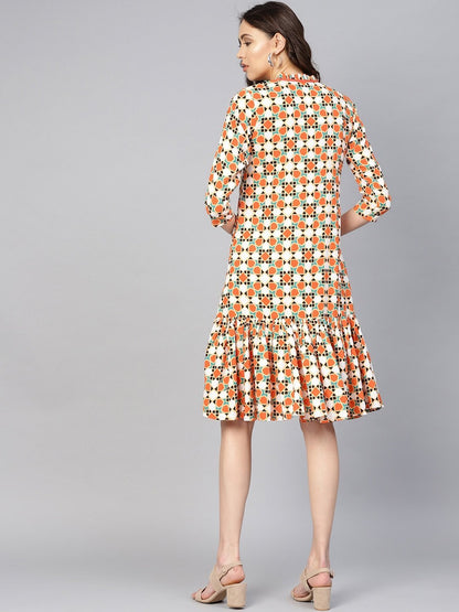 Women's Orange & White Printed Dress
