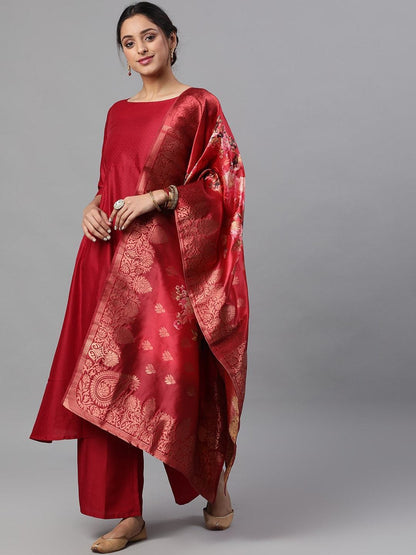 Women's  Maroon & Off-White Printed Kurta with Palazzos & Dupatta