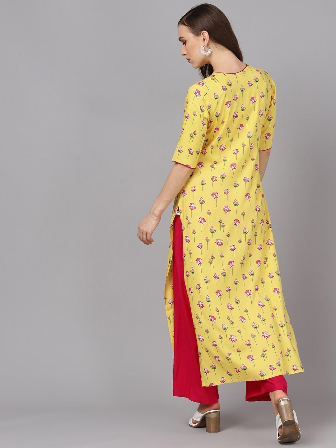 Women's  Yellow & Magenta Printed Kurta with Palazzos