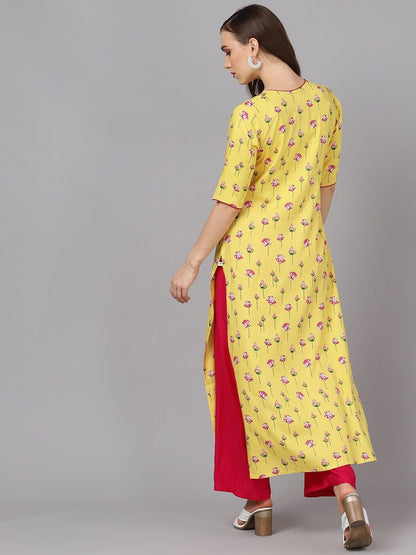 Women's  Yellow & Magenta Printed Kurta with Palazzos