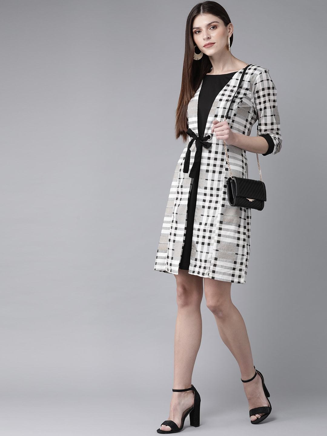 Women's  White & Black Checked Layered A-Line Dress