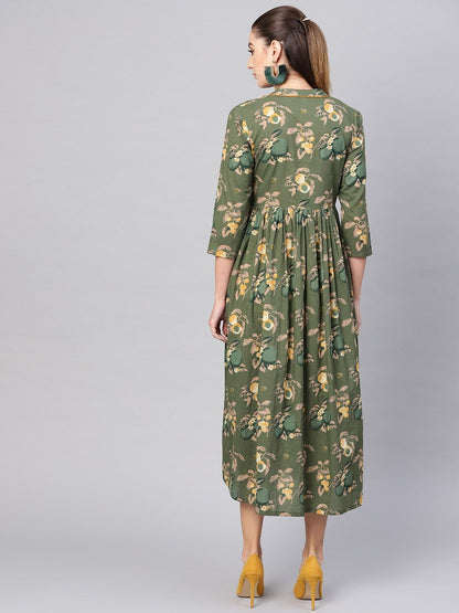 Women's  Olive Green & Beige Floral Printed Midi A-Line Dress
