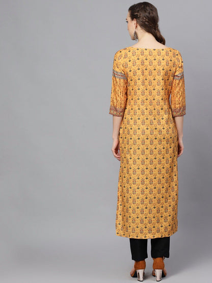 Women's  Yellow & Green Printed Straight Kurta