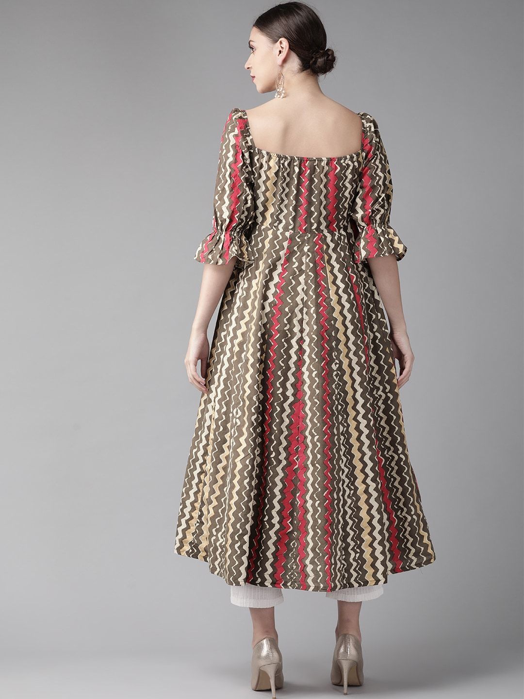 Women's  Brown & Red Striped Anarkali Kurta