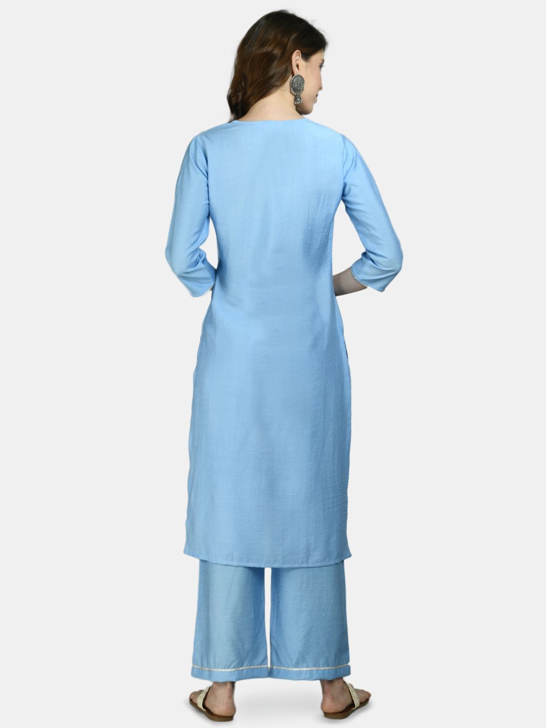 Women's Blue Cotton Solid 3/4 Sleeve Round Neck Casual Kurta Pant Dupatta Set