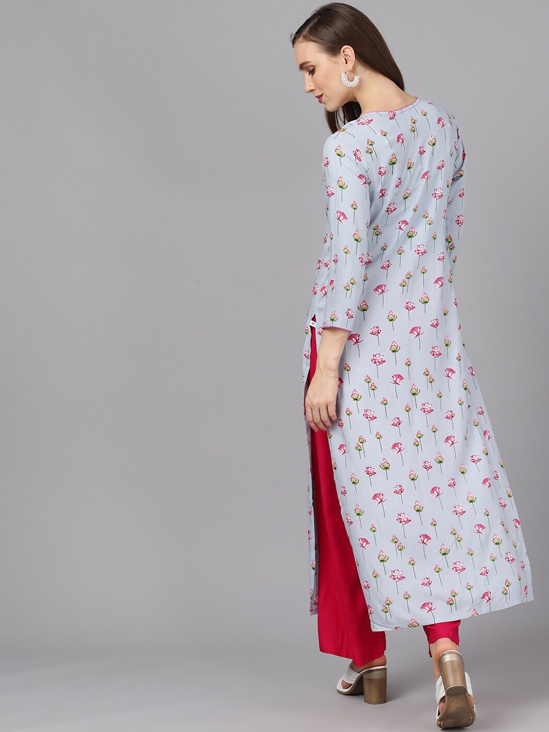 Women's  Blue & Pink Floral Print Straight Kurta