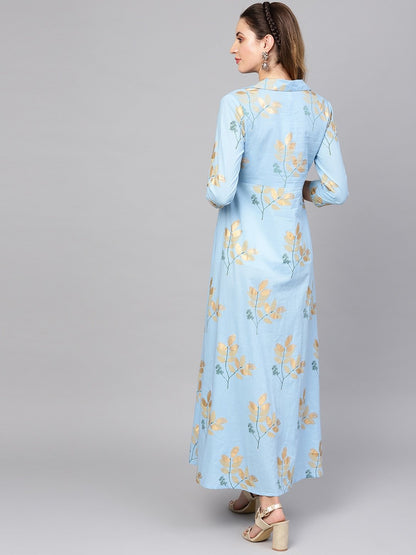 Women's  Blue & Golden Printed Maxi Dress