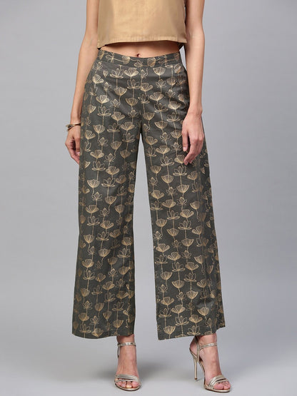 Women's  Grey & Golden Printed Straight Palazzos