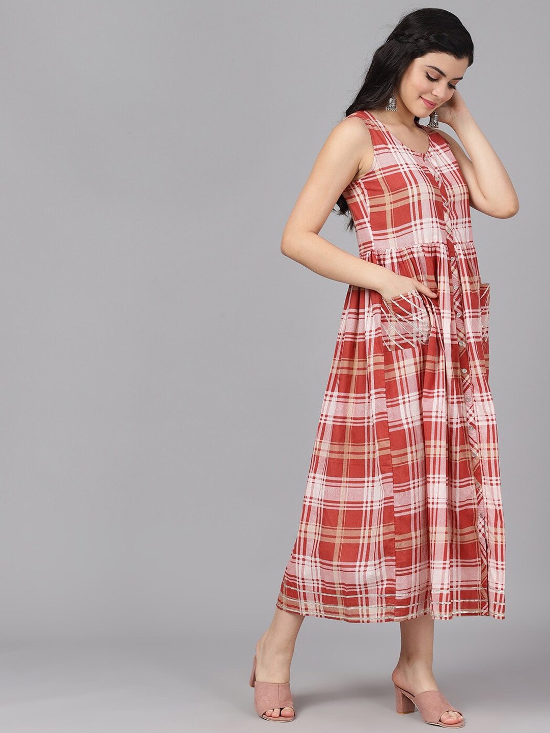 Women's  Rust Red & Off-White Checked A-Line Dress