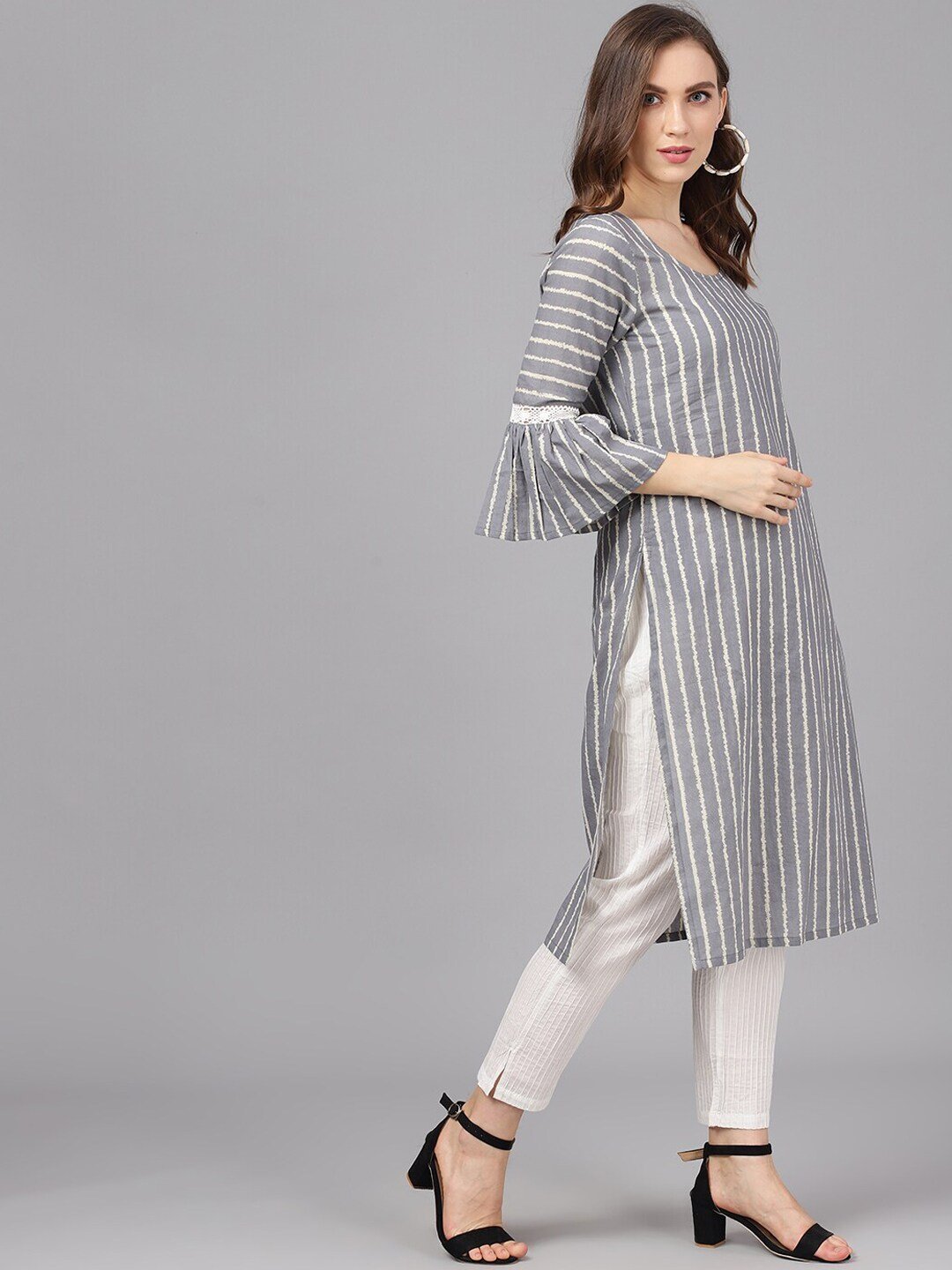 Women's  Grey & White Striped Straight Kurta